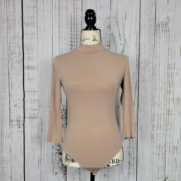 Publik Women's Caramel Brown Turtleneck 3/4 Sleeve Basic Bodysuit Blouse - Picture 1 of 4